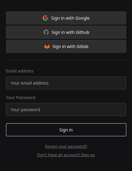Authentication page showing sign up and login interface